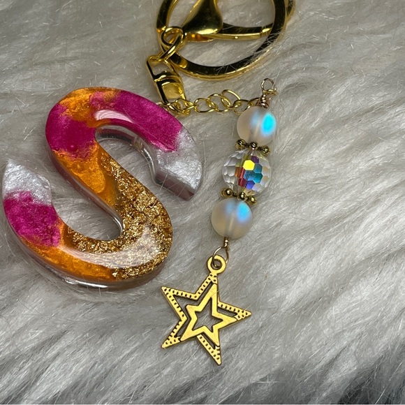 Custom Made Gold, Pink And Orange Letter “S” Keychain with Mermaid Bead Charm - Picture 3 of 7